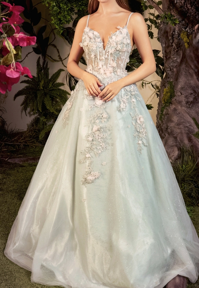 New long sage garden blossom embroidered shiny ball gown
